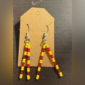Handmade Red and Yellow Beaded Drop Earrings